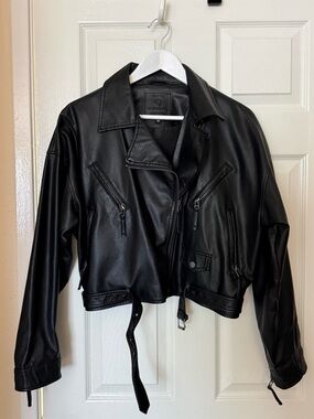 Max Studio Black Faux Leather Moto Jacket with Belted Hem